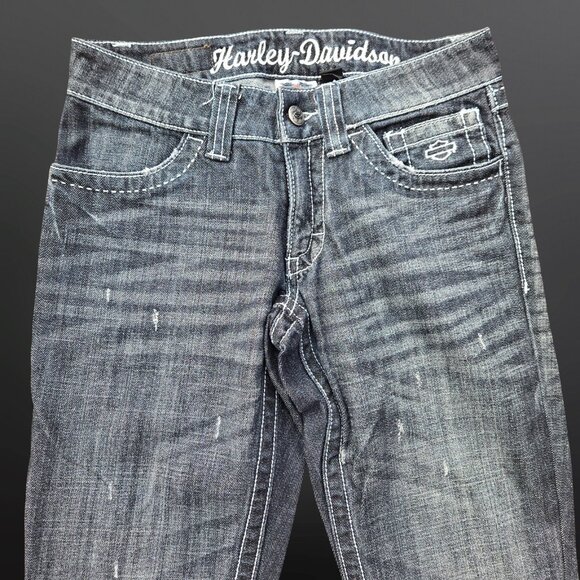 Y2K Harley Davidson Straight Leg Jeans Size 0 Black Embroidered Pockets Low Rise - Picture 9 of 13